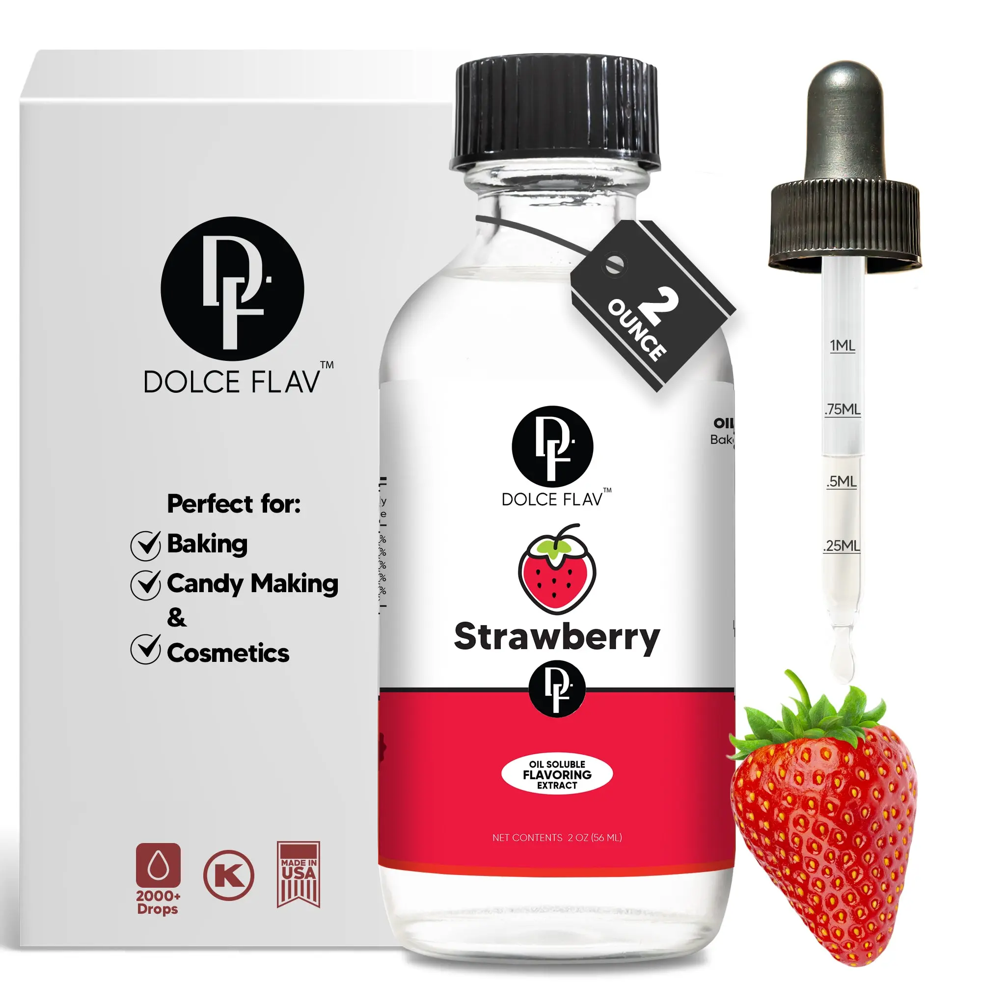 Dolce Flav  Strawberry Flavoring Extract (Oil-Soluble) 2 oz - Natural, Alcohol-Free, Precision Dropper Included for Baking & Cosmetics