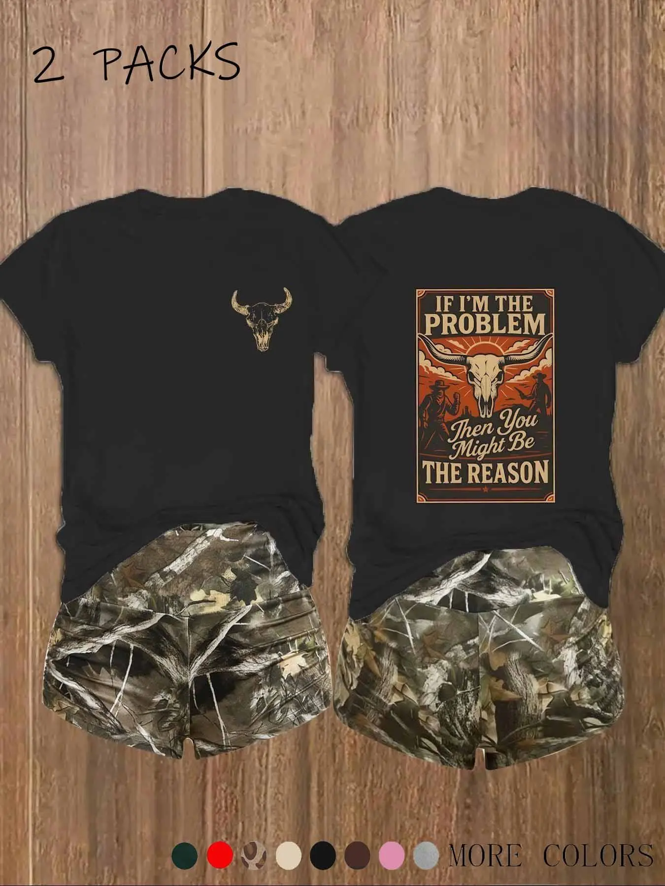 Women's 2-Pack Western Bull Print T-Shirt & Camo Shorts Set, Womenswear, Soft Casual Fabric, Daily Streetwear Loungewear, Multi-Color Options