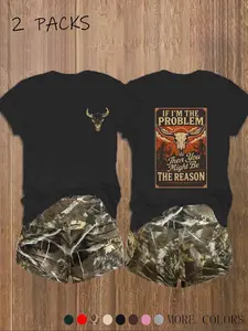 Women's 2-Pack Western Bull Print T-Shirt & Camo Shorts Set, Soft Casual Fabric, Daily Streetwear Loungewear, Multi-Color Options