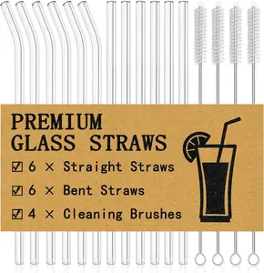16-Pack  Glass Straws Set, Clear Glass Drinking Straws, 8.5''x10MM, Set of 6 Straight and 6 Bent with 4 Cleaning Brushes,  for Smoothies, Milkshakes, Juice,