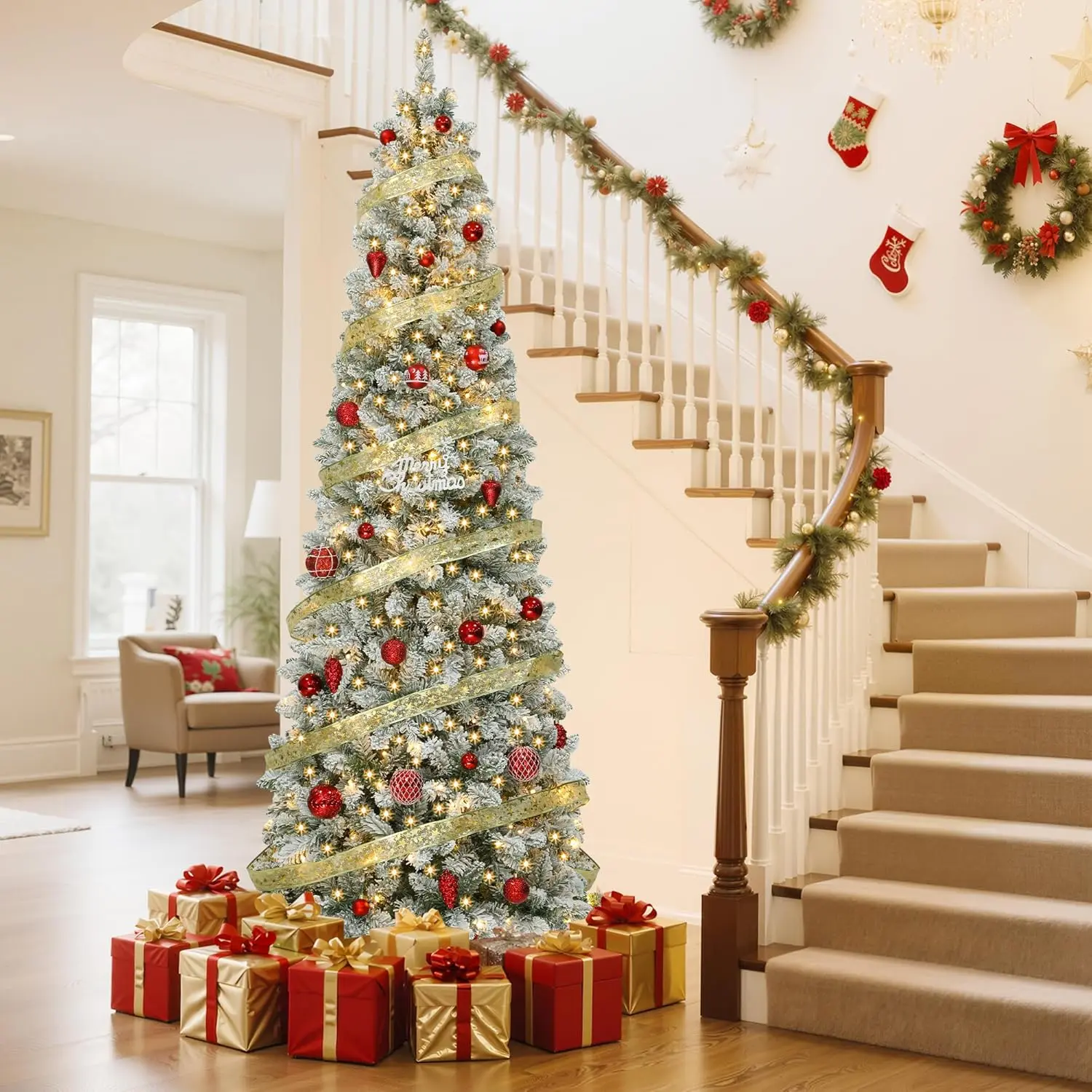 YITAHOME Pre-lit Pencil Christmas Tree 6/7.5ft (with Light), Hinged Artificial Slim Corner Xmas Tree for Home, Office, Party Decoration with Branch Tips and Lights