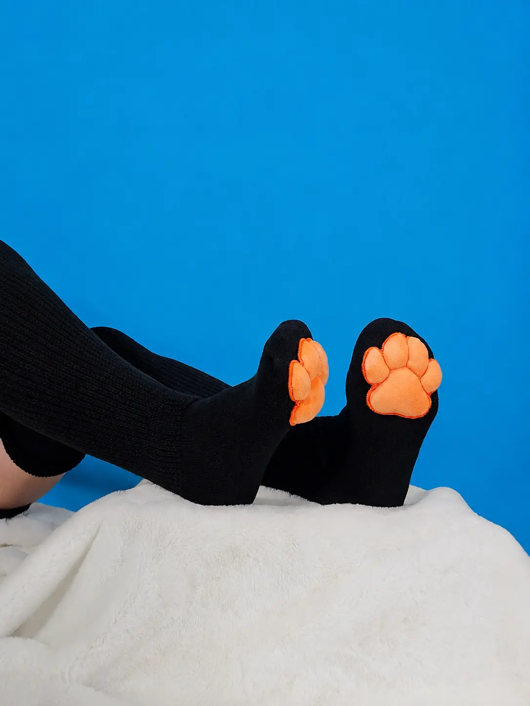 Orange Mochi Stuffed Puffy Paw Pad Beans on Black Thigh High Stockings