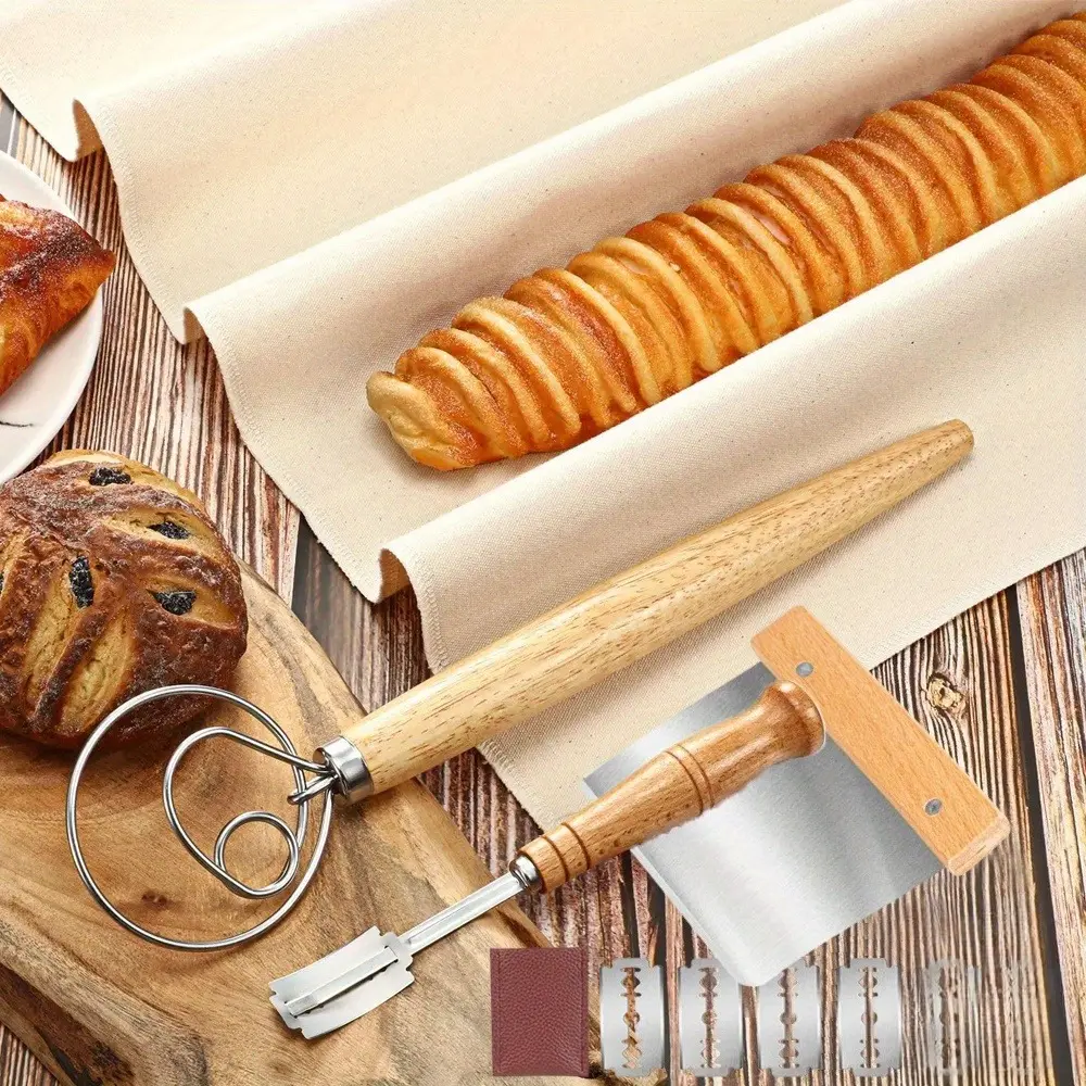 Stainless Steel Sourdough Baking Supplies Kit (1 Set) - Whisk, 5-Blade Scoring Tool, Cleaning Brush Included, Beechwood-Handled Dough Hook, Precise Cutting Parts for Home Use