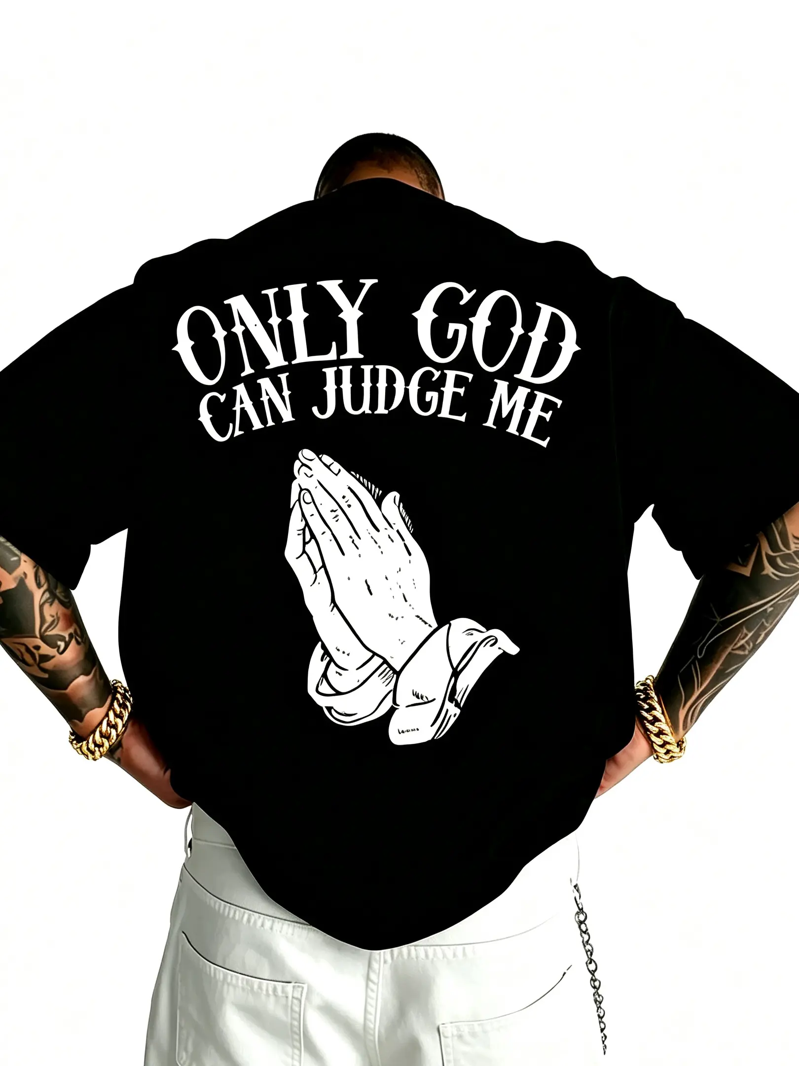 Men's Pure Cotton Loose Drop Shoulder T-Shirt, Hip Hop Back Praying Hand Letter Print Casual Short Sleeve Streetwear Tee