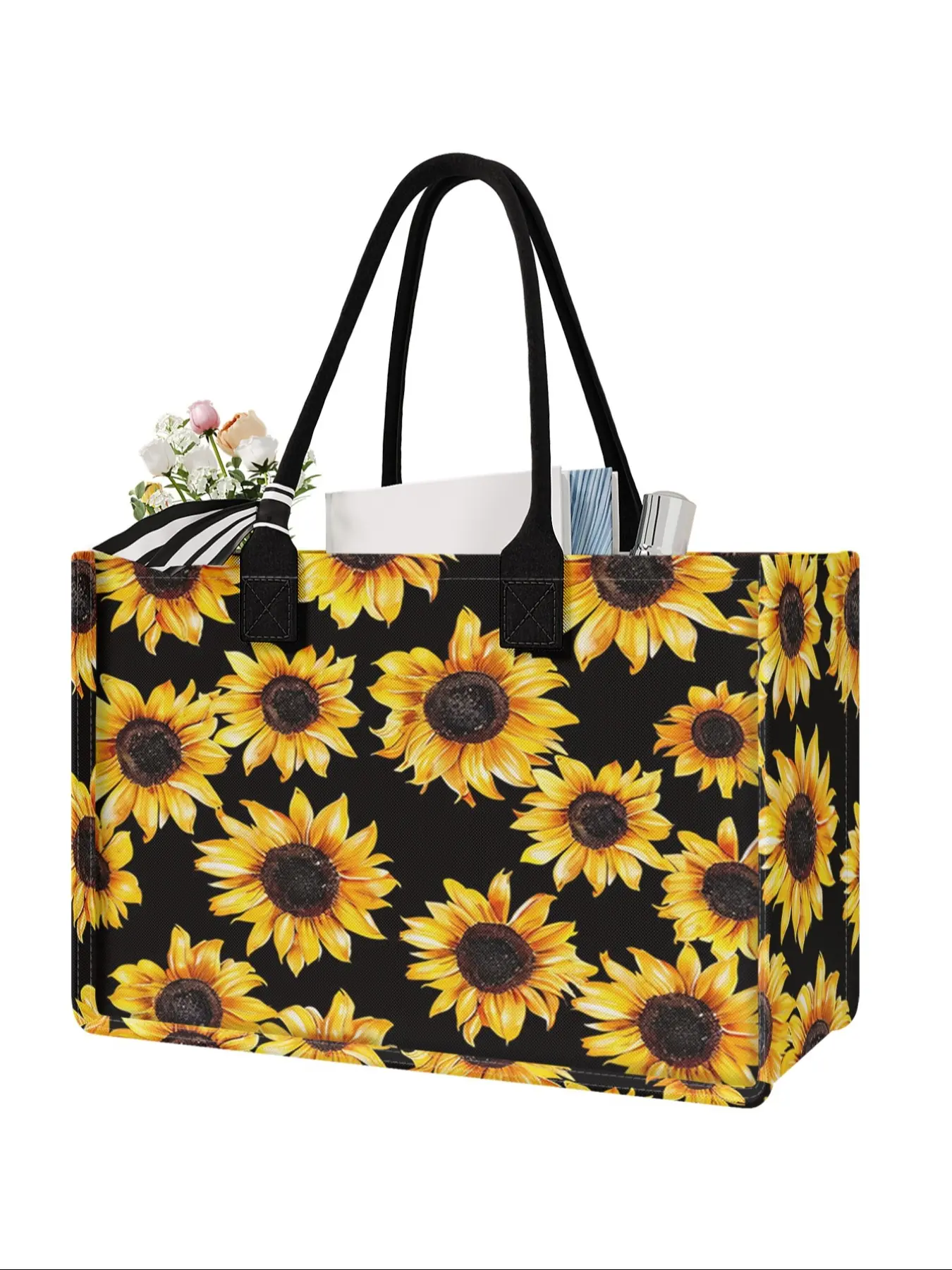 Sunflower Pattern Large Capacity Storage Bag, Super Size Organizer with Durable Handle, Space Saving Multi-Purpose Travel Essentials for School, Travel, Shopping, Reusable Bags, Storage Totes