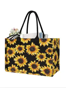Sunflower Pattern Large Capacity Storage Bag, Super Size Organizer with Durable Handle, Space Saving Multi-Purpose for School, Travel, Shopping, Reusable Bags