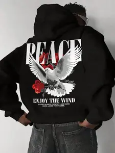 Unisex Peace Dove Rose Letter Print Hoodie, Colorblock Art Pattern, Loose Shoulder Design, Drawstring Hood, Kangaroo Pocket