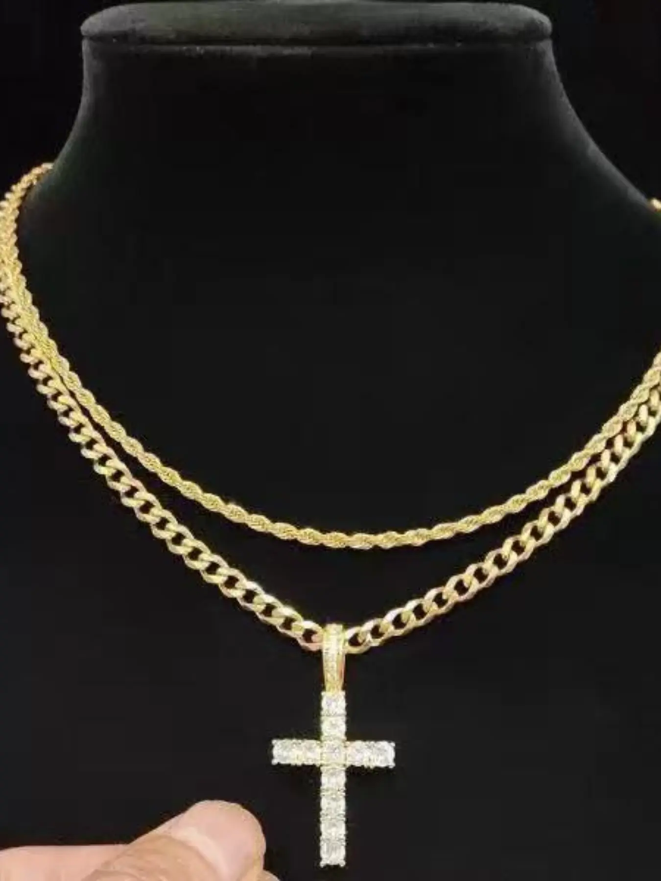 Full-Diamond Cross Necklace Set, Bling Necklace, Cross Design Necklace, Cuban Chain + Twisted Cord Chain, Gold/Silver Double-Layer Chain, Full-Diamond Cross Pendant, Gold/Silver Dual Colors