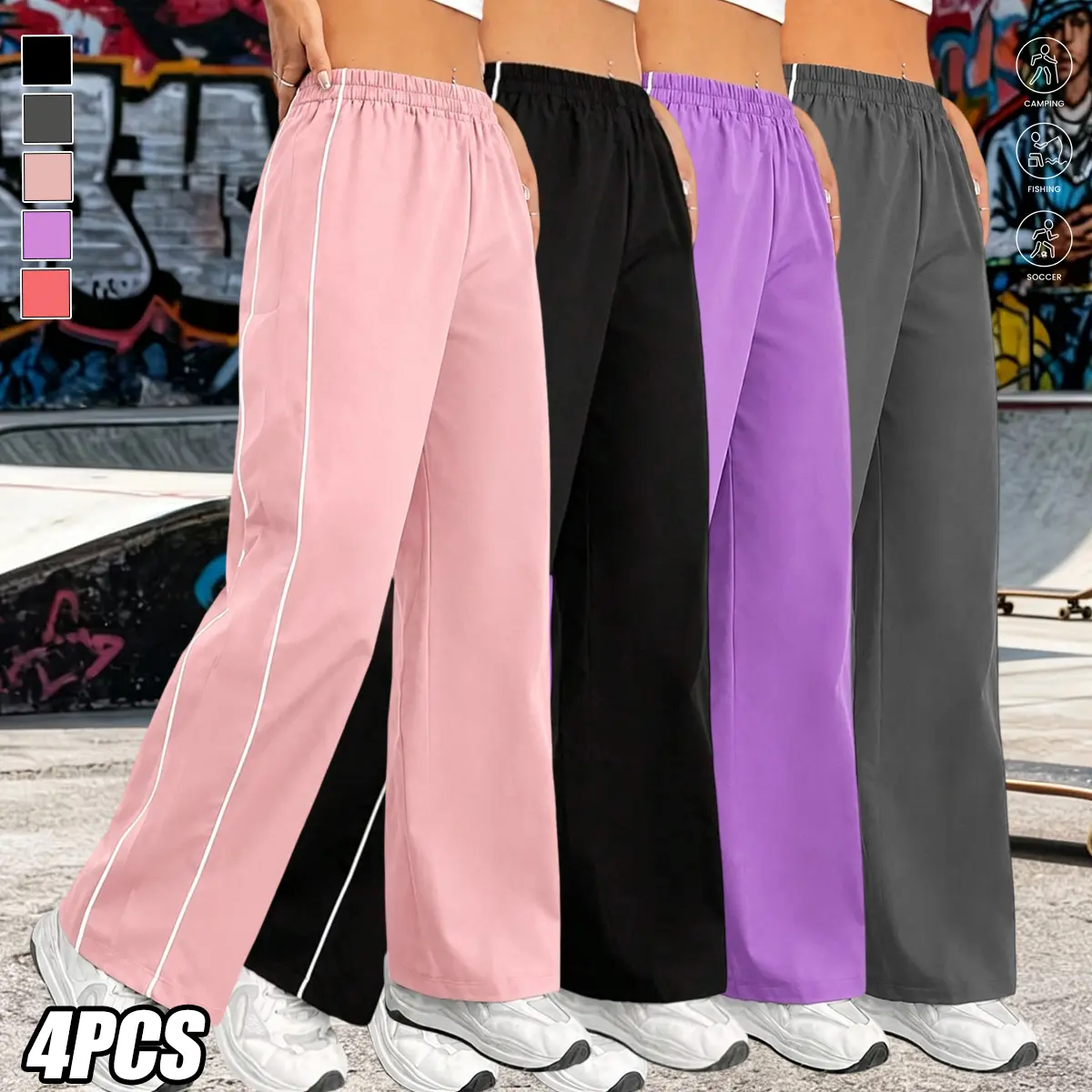 Women's 4-Pack Casual Athletic Polyester Pants - Loose Fit, Streetwear Style, Multiple Colors, Activewear Tracksuit Pants, Athletic Casual Trousers