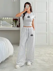 Youthful Girl Theme Casual Set, Womenswear, Spring Multicolor Short Round Neck T-Shirt, Fitted Waist, Loose Straight Pants, Comfortable Drawstring Design