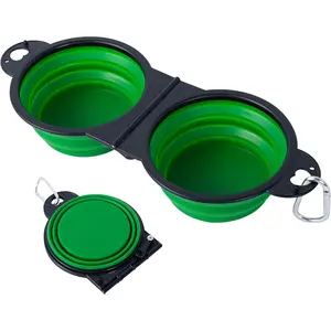 Collapsible Dog Dual Bowls Reinforced Rim 180 Degrees Flip Over Foldable Double Bowl with Lock Clips More Stable Dog Travel Bowls Pet Food Water Feeder (Green)