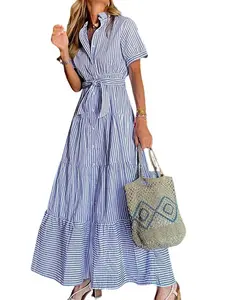 Ebossy Womens Casual Short Sleeve Button Down Tie Waist Ruffled Striped Maxi Shirt Dress