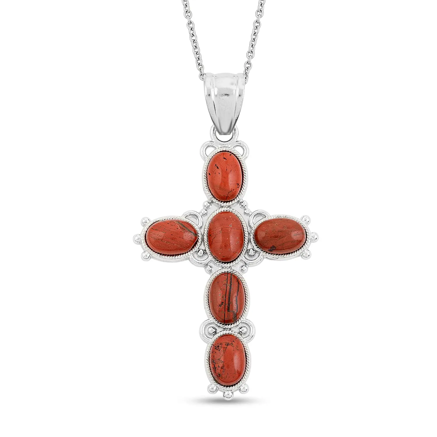 Cross Oval Red Japser Pendant in Silvertone with Stainless Steel Necklace (20 Inches) 6.00 ctw