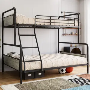 Metal Bunk Beds Twin Over Full Size, Heavy Duty Bunk Bed Frame for Teens Adults with Angled Ladder and Safety Guardrails, Space Saving Metal Bunk Bed for Dorm, Bedroom, Apartment, Black+Brown