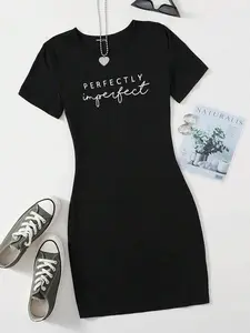 Unity Letter Print Round Neck Short Sleeve Casual Dress Travel Red And White Gingham Summer