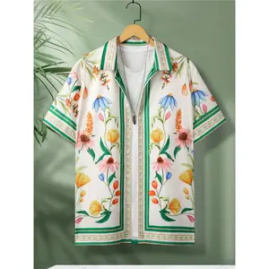 [Hawaiian Style Print Shirt] Summer Hawaiian Style 3D Flower Print Men's Short Sleeve Button Up Lapel Shirt Top Collar