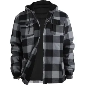 Thick flannel plaid jacket with Sherpa wool lining, men's hooded sweatshirt with zipper for winter warmth, water buffalo zipper sweatshirt