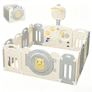 Baby Playpen with Adjustable Basketball Hoop,Lock Door,Adjustable Game Panel,Foldable Toddlers Play Yard, 14-Panel Safety Kids Fence for Indoor & Outdoor,Baby Gate Activity Centre, Gray White