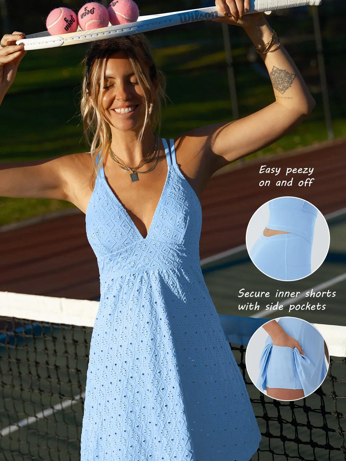 POPVIL Women's Sleeveless Stretch Nylon Eyelet Athletic Dress - Built-in Shorts, Pockets, Criss Cross Back, Fitted Cut - Tennis Attire for Tennis, Golf, Workout