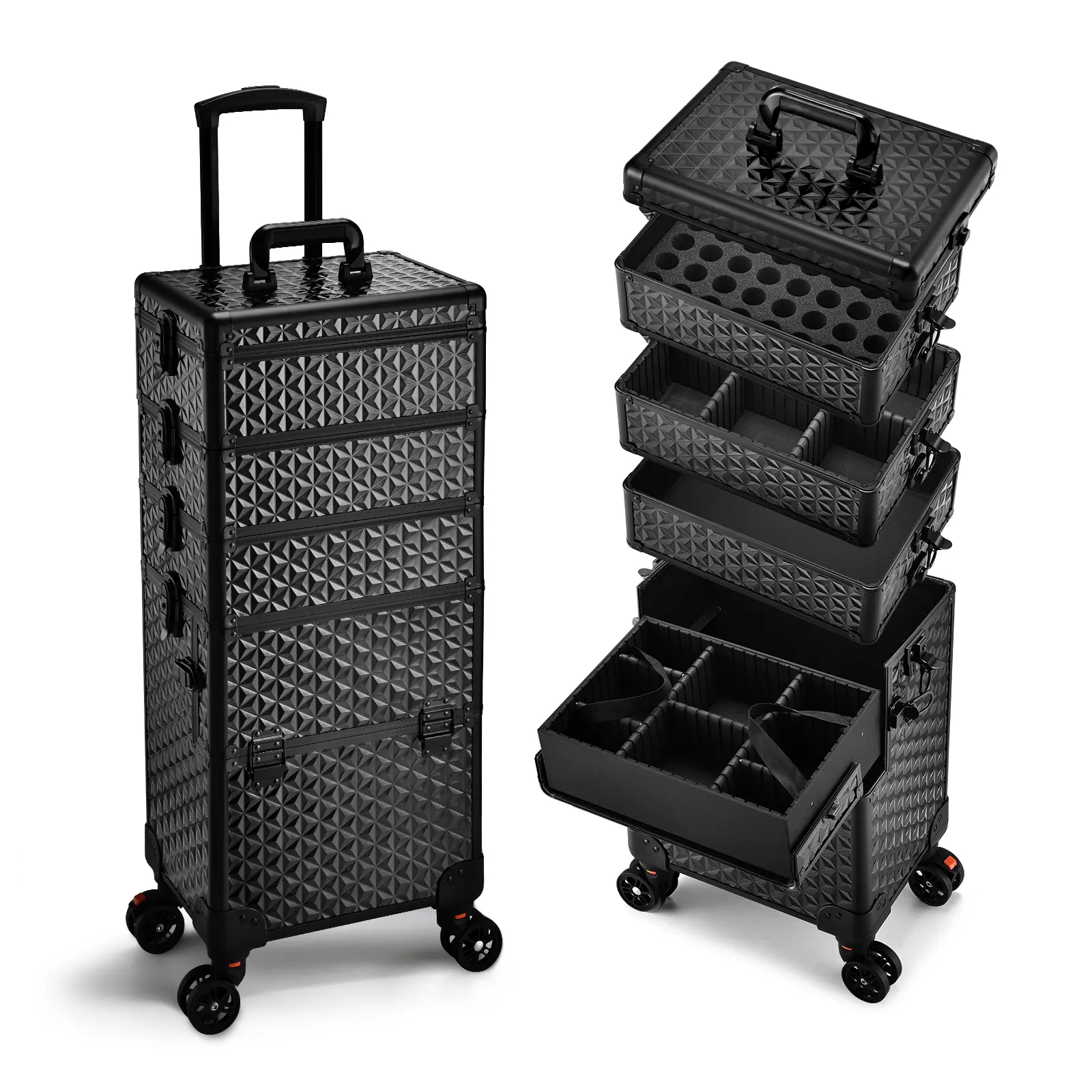 5 in 1 Rolling Makeup Train Case Professional Cosmetic Case Extra Large Aluminum Trolley Salon Barber Case Traveling Cart Trunk