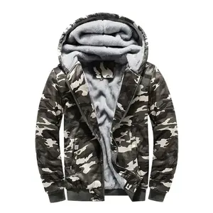 Men’s warm fleece-lined camo hooded jacket, gray camouflage streetwear winter coat