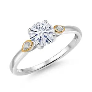 Gem Stone King 925 Silver and 10K Yellow Gold White Moissanite and White Lab Grown Diamond 3-Stone Engagement Ring For Women (0.83 Cttw, Round 6MM, Gemstone Birthstone)