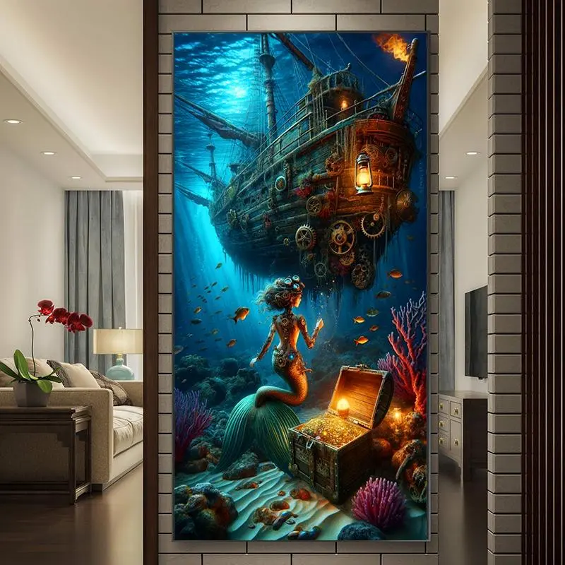 Mermaid, Underwater, Fish & Treasure Ship Pattern DIY Diamond Arts Colorful Painting Kit without Frame, DIY 5D Diamond Arts Colorful Painting Kit, Wall Art Decor for Home, Artwork, Stylized Art