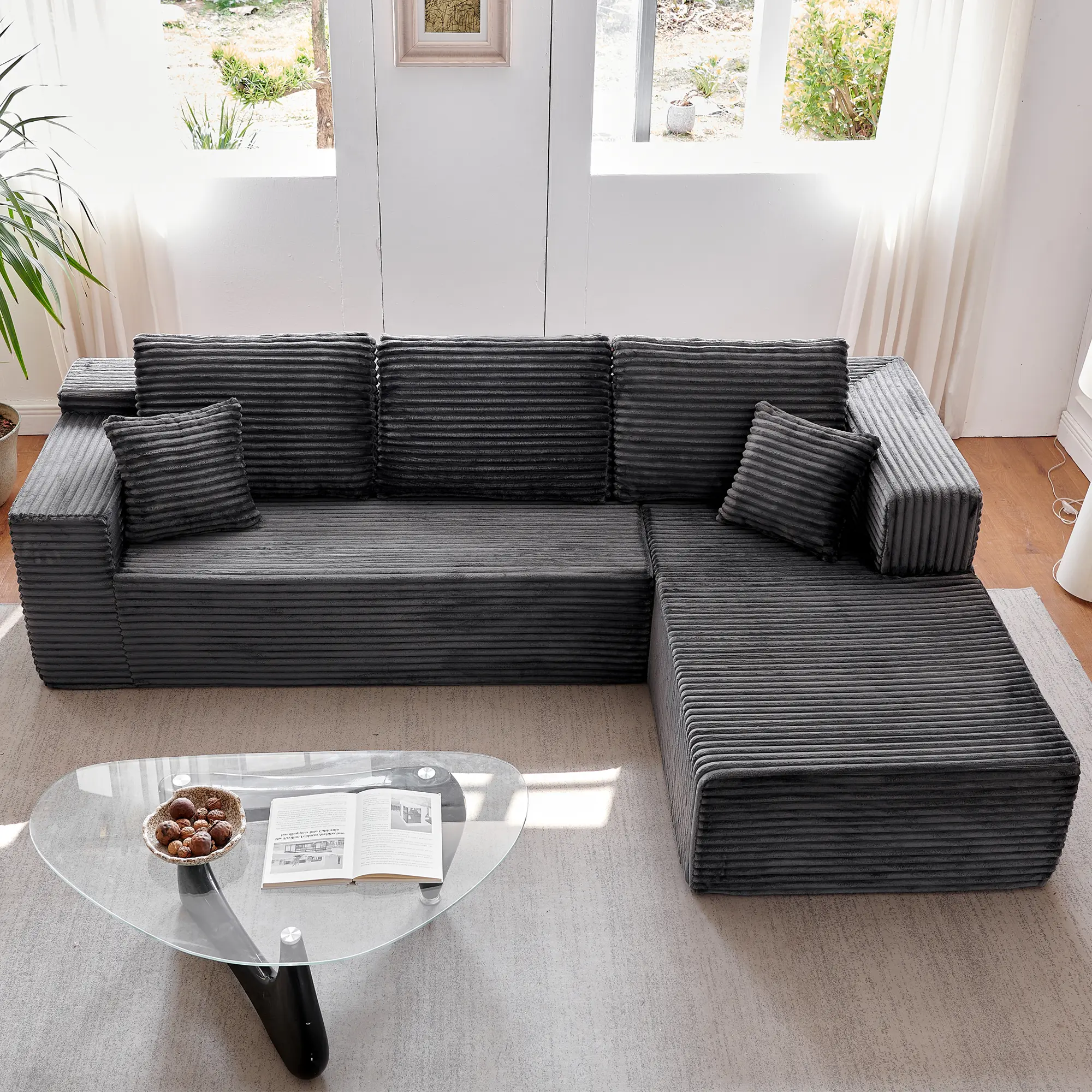 Black Plush Corduroy Right Chaise