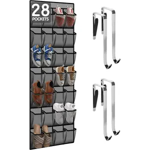 28 Compartment Over the Door Shoe Organizer, Breathable Mesh Large Shoe Rack for Closet Storage, Space Saving Hanging Shoe Holder with Reinforced Hooks (Fits Men & Women,Gray-01)