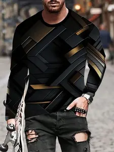 Geometric Pattern T-Shirt, Vibrant 3D Print Design, Unique New Style, Comfortable Long Sleeve, Classic Round Neck, Ideal for Men's Casual Wear
