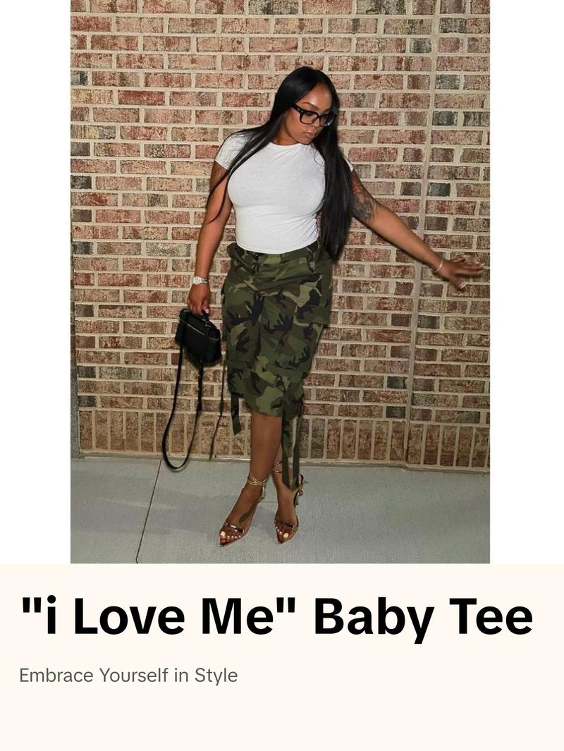 "I Love Me" Graphic Fitted Baby Tee - White Cotton Blend Cropped Top for Women's Comfortable Everyday Wear