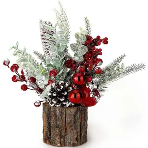 Small Tabletop Artificial Mini Christmas Tree with Holiday Ornaments Red Berry Pine Cone for Home Indoor Fireplace Mantel Xmas Decor (Tree Stump-Red)