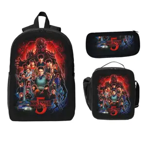 Stranger Things Season 4 Theme Teen Backpack 3-Piece Set Black Backpack Pencil Case Lunch Bag Unisex Collaboration Stationery Set for Fans,Casual Backpack Set