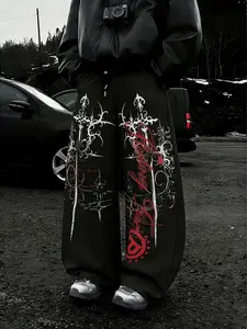 Y2K Gothic Graphic Baggy Pants, Streetwear Harajuku Punk Wide Leg Trousers, Hip Hop Casual Oversized Sweatpants for Men, Vintage Graffiti Print Cargo Pants, Grunge Aesthetic Street Style Bottoms, 90s Retro Skateboarding Pants