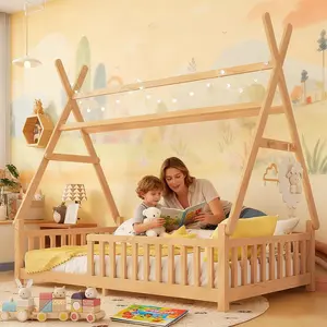Full Size Floor Bed Frame with High Rails, Wood Full Bed Frame, Floor Bed with Safety Guardrails, Wood Slats, Lights, Easy to Install for Bedroom, Natural
