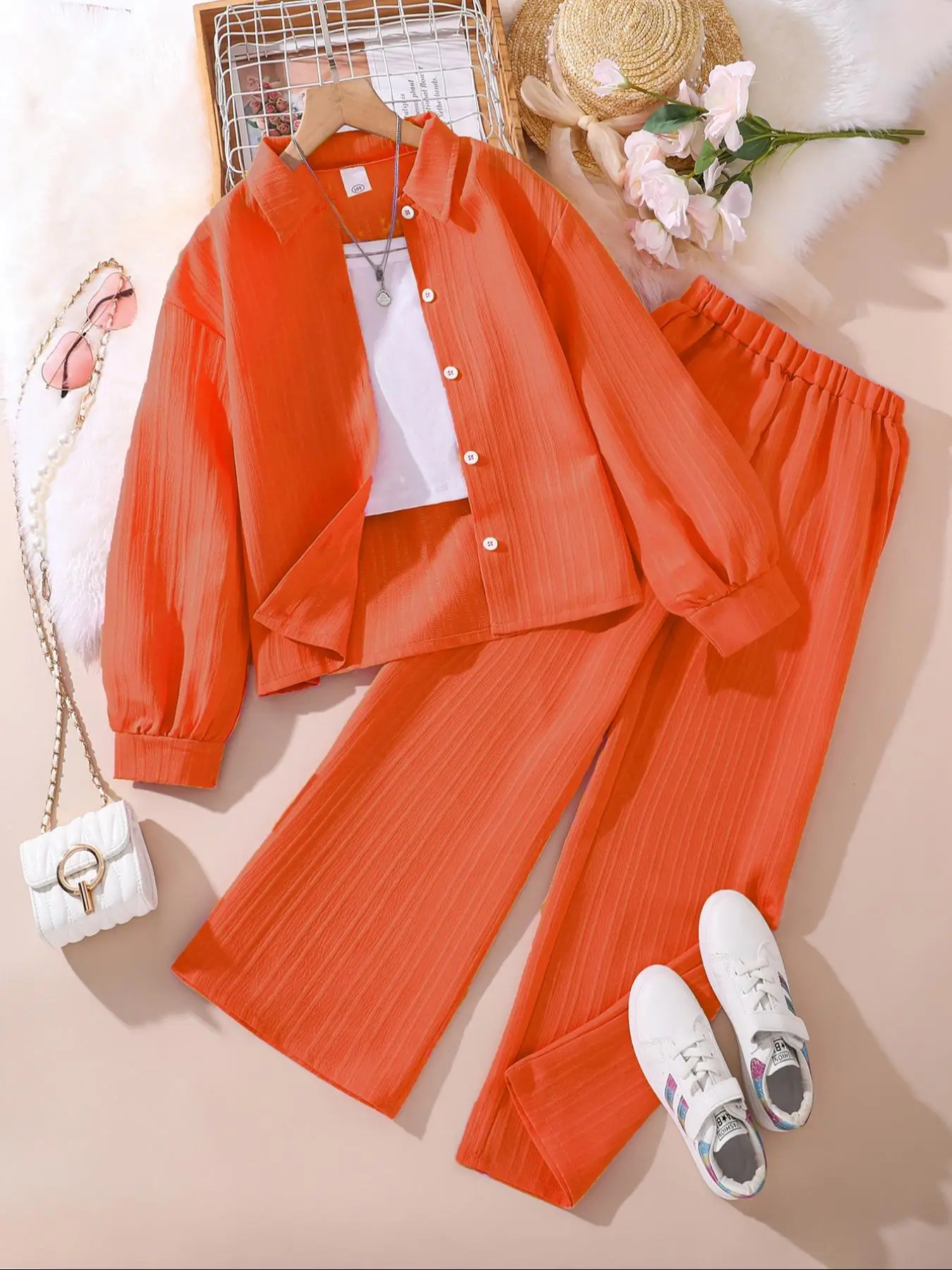 Two-piece Set Girl's Solid Color Button Front Shirt & Elastic Waist Pants Set, Casual Long Sleeve Collared Top & Trousers for Fall & Winter, Kids Clot