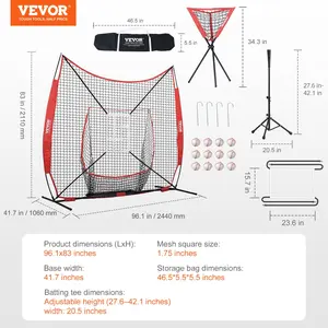 VEVOR 7x7 ft Baseball Softball Practice Net, Portable Baseball Training Net for Hitting Catching Pitching, Backstop Equipment with Bow Frame, Carry Bag, Strike Zone, 12 Balls, Tee, and Ball Collector