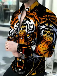 Men's Summer Long Sleeve Shirt Fashion Casual Button Shirt with Roaring Tiger Print