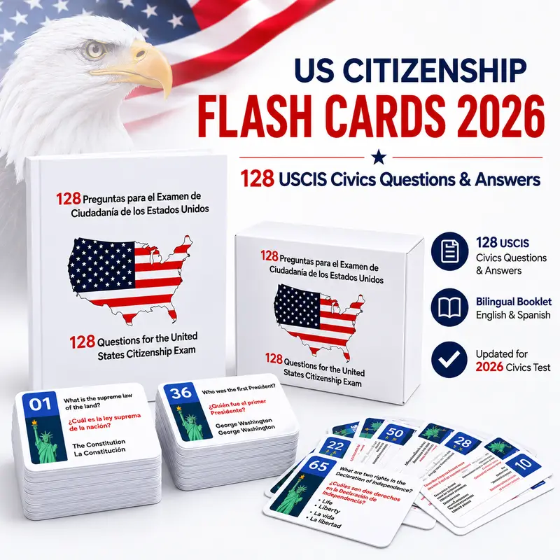 Adults' Learning Flash Cards - 2026 Updated 128 USCIS Civics Questions & Answers, English/Spanish Bilingual Card Stock Set, Citizenship Prep with Portable Bilingual Booklet, Language Naturalization Guide for Comprehensive Knowledge
