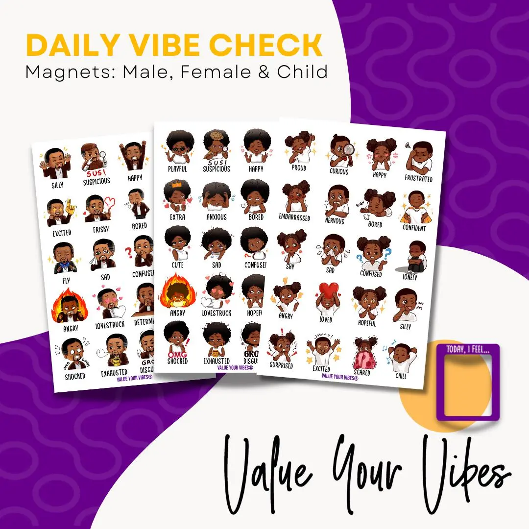 Daily Vibe Check Magnet - Black Feelings, Emotions & Moods Chart - 8.5” x 5.5” - Two-Piece Magnet Set