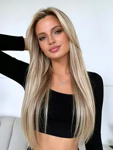 Blonde Ombre Brown Highlight Lace Front Wig 28" Straight Synthetic Hair 13x4 HD Lace Dark Root Natural Hairline Pre-Plucked Heat Resistant Free Part Daily Glam & Party