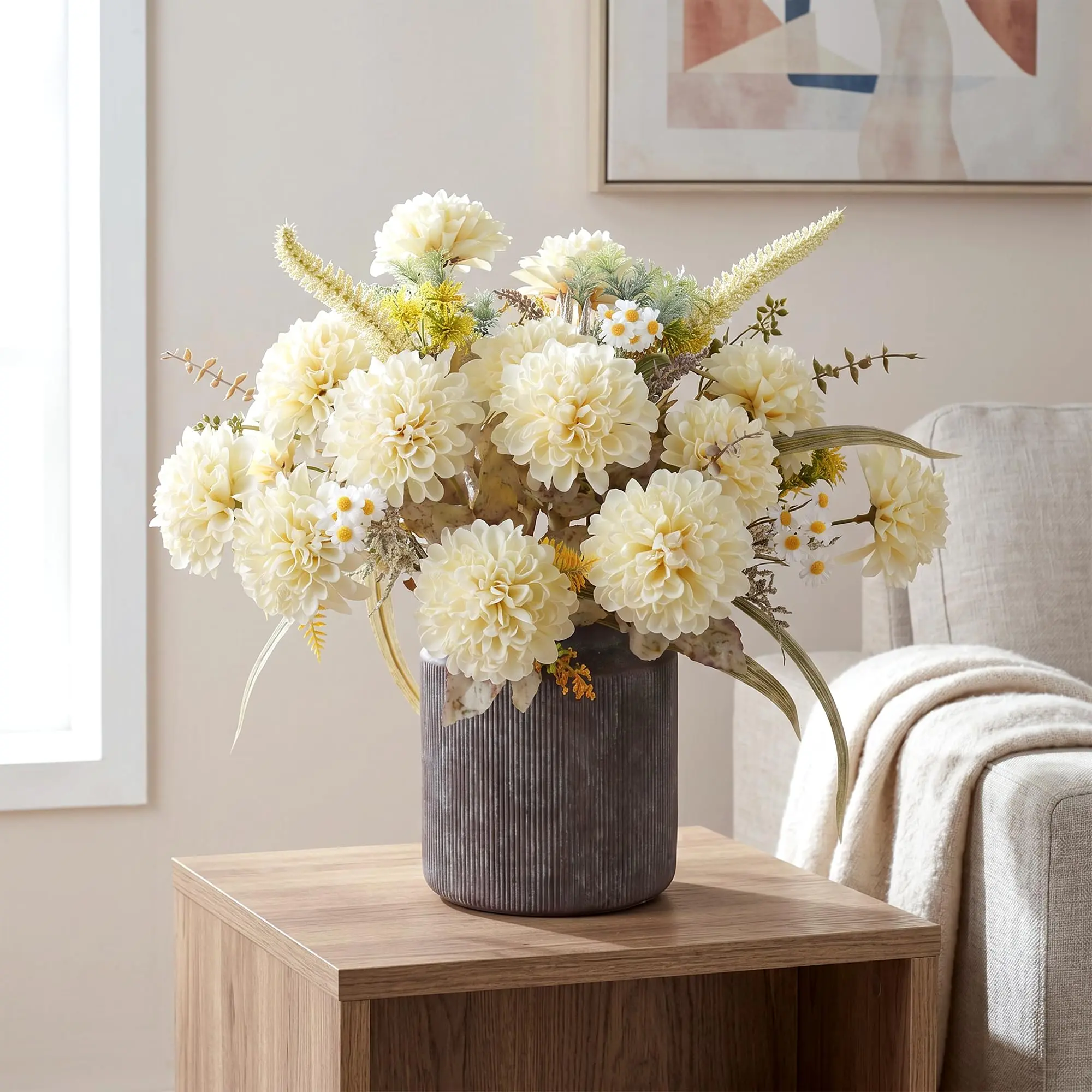 Ivydale 10 Heads Artificial Flowers Ball Mums Indoor for Vase, Large Silk Faux Chrysanthemum with Stems, Fake Bouquet for Home Decor Table Filler, 2 Pack (Beige)