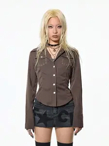 Women's Long Sleeve Brown Western Blouse, Metal Eyelet Pocket Silver Snap Button Shirt, Curved Hem Slim Fit Design, Y2K Trendy Daily Top for Street Shooting, Dating & Casual Daily Looks