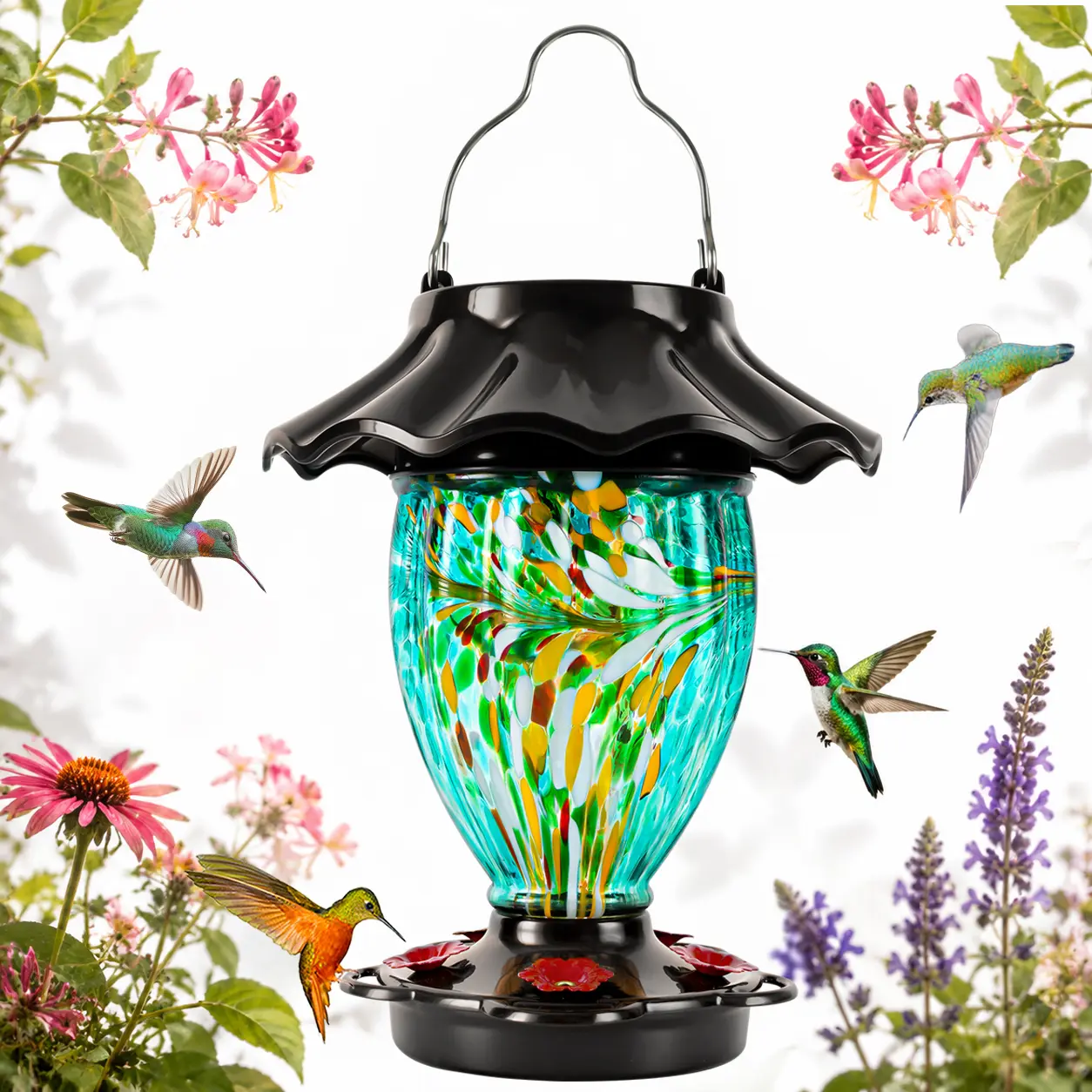 RGB Solar Hummingbird Feeder & Color-Changing Garden Lantern – 32oz Hand-Blown Glass, 5 Feeding Ports, Leak-Proof, Solar-Powered Night Light, Outdoor Décor & Gift for Bird Lovers