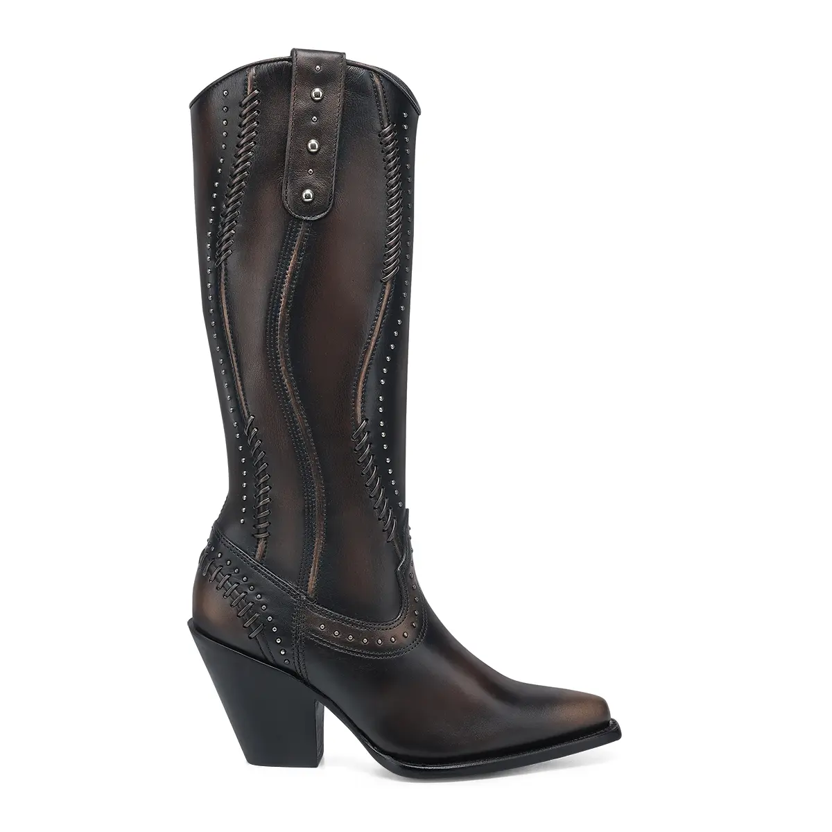 CUADRA Women's Chocolate Vintage Zipper & Woven & Studs Snip Toe Western Boot