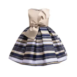 Girls Princess Dress Front Bow Splice Stripes Crew Neck Sleeveless Dress For 100-150 kID Piano Party Performance ZT-4055