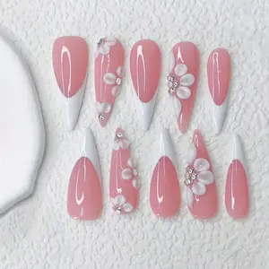 Elegant French Almond Nail Strips, 3D Flower Design Rhinestone Decoration Fake Nails, Acrylic Almond Shape Press Nails, Perfect for Holidays and Daily Wear, Great Gift for Women and Girls, Elegant Rhinestone Decorated