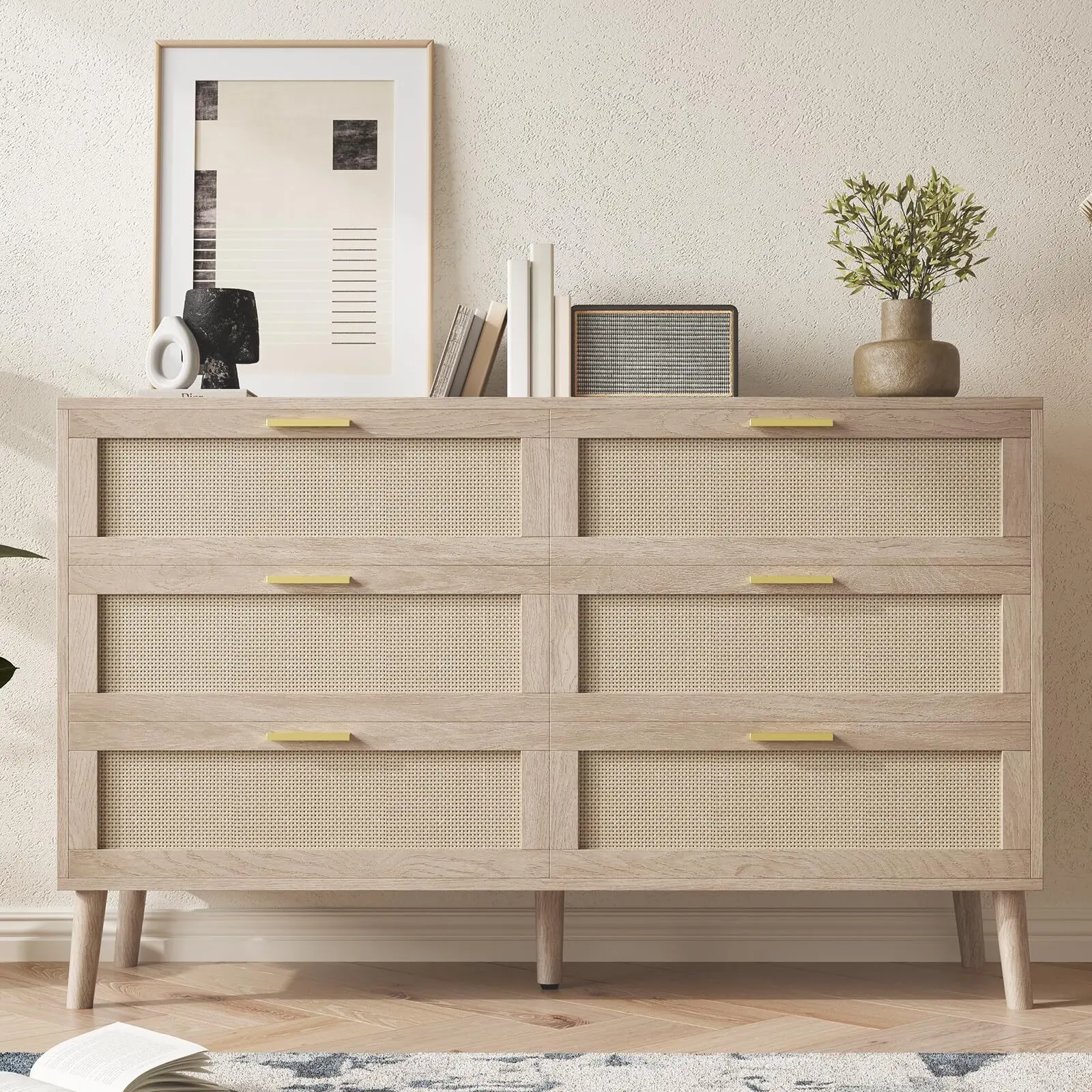 6-Drawer Mid-Century Modern Rattan Weave Dresser (23x16x7"), Yellow, Natural Woven Fronts, Wooden Legs, Easy-Install Storage Organizer for Bedroom, Living Room, Six Drawers