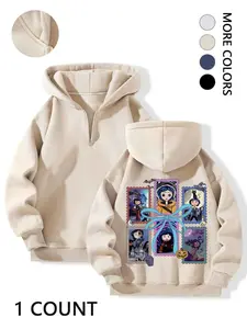 Women's "Coraline" Cartoon Graphic Half-Zip Hoodie - Oversized Fleece-Lined Sweatshirt with Multiple Colors