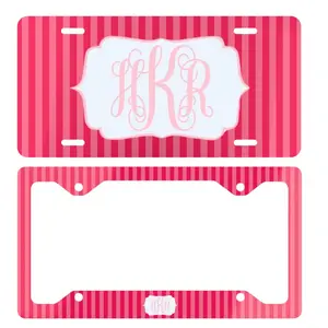 Pink Stripes Custom Monogram License Plate & Frame – Stylish Car Accessories Set for Hunters & Outdoor Lovers, Truck Car Tags, Gifts for Him, Tag for Car, Car Accessories
